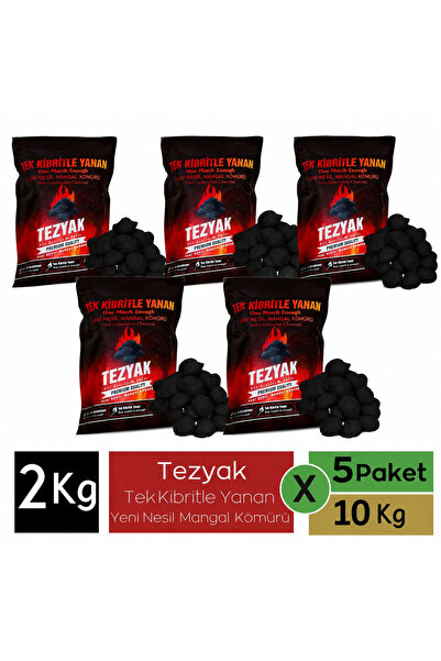 TEZYAK Klasik Tek Kibritle Yanan Yeni Nesil Mangal Kömürü 2Kg ×5Paket
