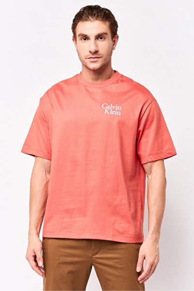 Calvin Klein Jeans Men Crew Neck Short Sleeve Embroidered Logo T-Shirt, Orange