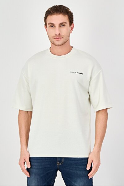Core Elements Men Crew Neck Brand Logo Short Sleeve T-Shirt, Cream