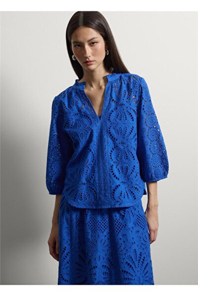 Stefanel Mavi Pamuk Broderie Anglaise Bluz