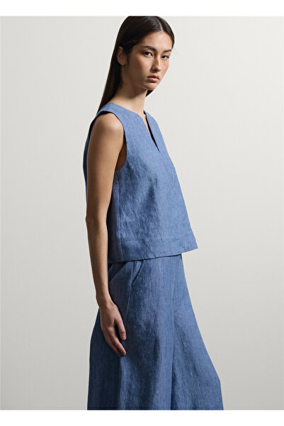 Stefanel Açık Mavi Denim Keten Kolsuz Oversize Bluz
