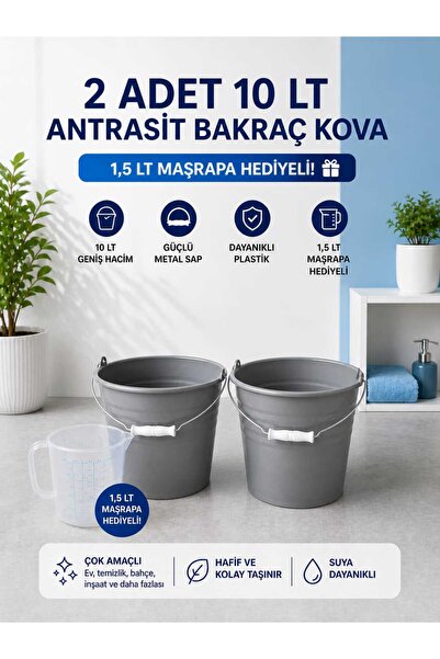 biedda 2 Adet 10 LT Antrasit-Gri Bakraç Kova Metal Saplı Plastik Kova 1,5 LT ...