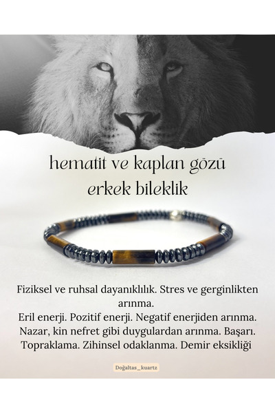 kuartz Tiger's Eye Hematite Men's Bracelet. Certified Original Natural Stone