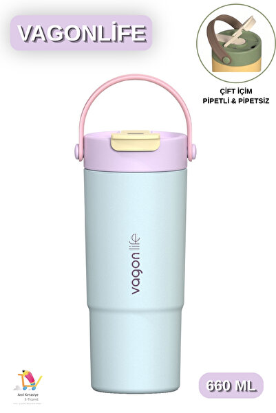 Vagonlife 660 ML Tek Kapak Çift İçim Pipetli / Pipetsiz Kulplu Paslanmaz Çeli...