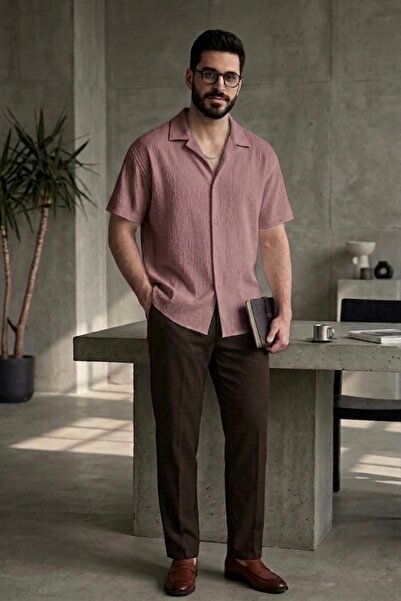 bb butik basic Kısa kol Ütü istemez gömlek bürümcük kırınkıl kumaş TOZPEMBE