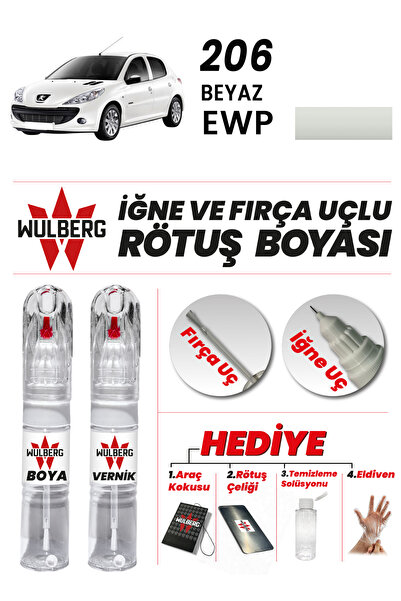 Wulberg Peugeot 206 Beyaz EWP Rötuş Boya 25 ml + Vernik İğne & Fırça Uçlu Kal...