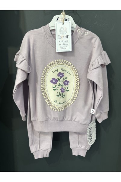 INFANT Set bluză și pantaloni cu flori brodate și volane - Mărimi de la 6-9 la 18-24 luni