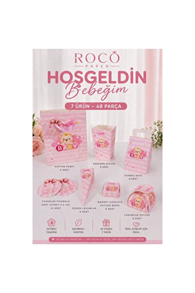 roco paper Hoşgeldin Bebeğim Hediyelik Seti, Pembe, Ayıcıklı Baby Shower&Doğu...