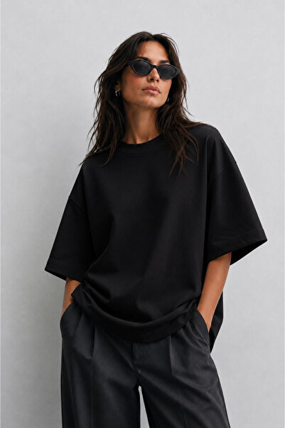 Modivibe Kadın Oversize T-shirt Kalın Dokulu %100 Pamuk Geniş Kesim