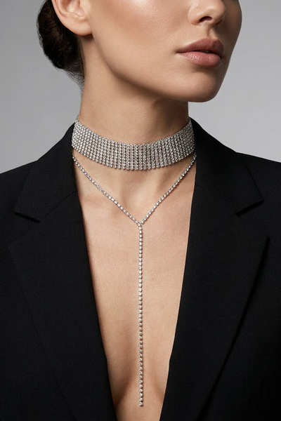 Valmont Accessories Kristal Taşlı Choker ve Uzun Kolye Seti Işıltılı Şık Tasa...