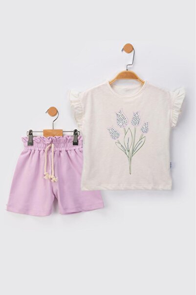 baby flamindo Summer Tulip Flower & Stone Printed Shorts for Girls Set