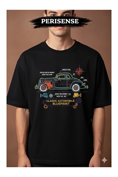 LOTS MODA Vintage klasični automobil BLUEPRINT T-shirt od vrhunskog četkovano...