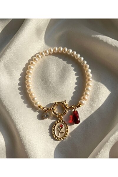 AERAS DESİNG Doğal İnci Bileklik Nar Charm ve Gül Figür Detaylı Gold Charm Ta...