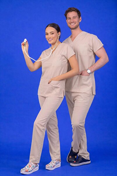 BAŞARAN UNİFORMA Unisex Kalıp Bej Likralı Hemşire / Doktor Forması Scrubs (ta...
