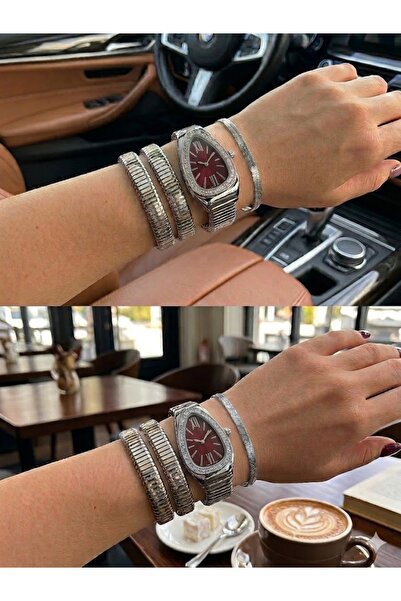 Leerybee Yılan Model Kadın Kol Saati Çelik Bileklik Kombin Saat Seti İtalyan ...