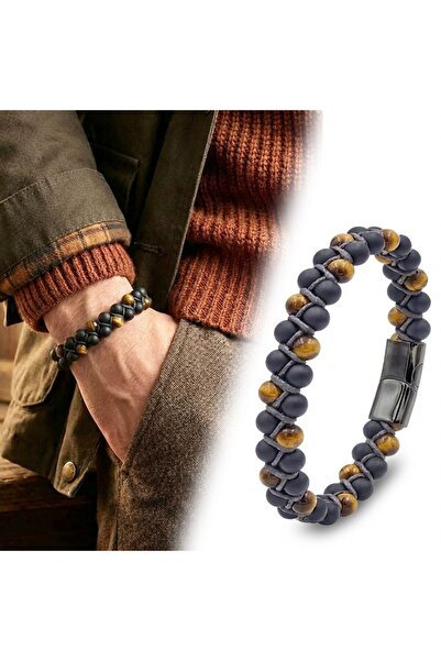 ALZA 100% Natural Tiger's Eye and Onyx Stone Men's Bracelet - Velvet Gift Box...