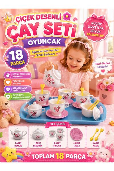 SAZE 18 Parça Çiçek Desenli Oyuncak Çay Seti Tepsili Çocuk Mutfak Oyuncak Seti