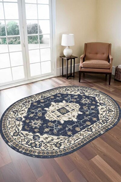 Qatalina Premium Vintage Lacivert Etnik Desenli Halı Kaymaz Taban Yıkanabilir...