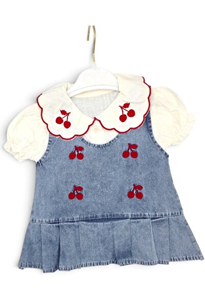 VOY KİDS Kız Bebek Kiraz Nakışlı Kot Jile Elbise, Bebe Yakalı T-shirtlü Bayra...