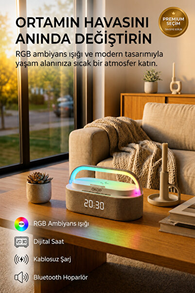 Maybax Bluetooth Hoparlör RGB Işıklı Kablosuz Şarjlı Dijital Saatli Alarm Öze...