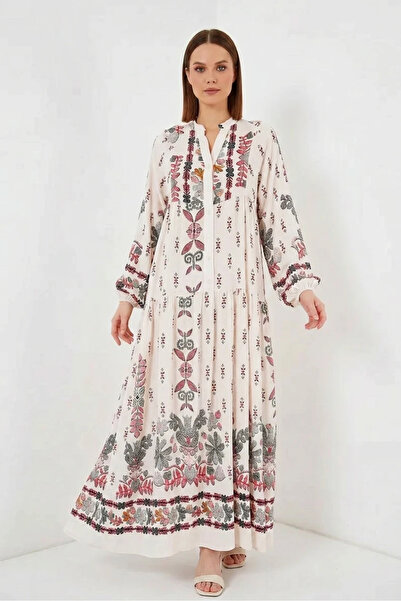 buğrahayalin Women's High Collar Gathered Waist Floral Patterned Viscose Red ...
