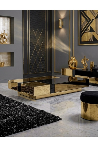 LUXURY VİLLA LUXURY SIYAH CAMLI GOLD AYNALI DEKORATİF ORTA SEHPA 90x150 YÜKSE...