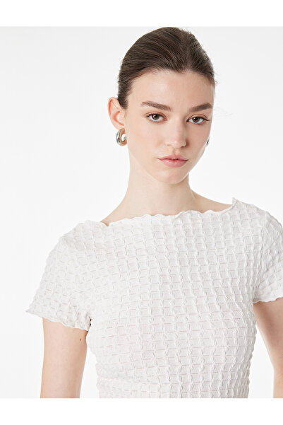 Koton Bürümcük Fabric Slim Fit Short Sleeve Off-The-Shoulder Boat Neck Blouse