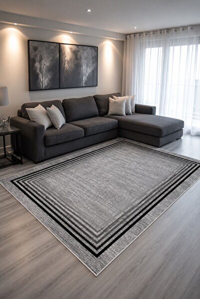 VOPTEKS Gri Siyah Halı Salon Halısı Makinede Yıkanabilir Kaymaz Taban Halı