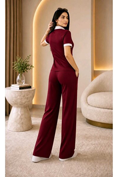 NWC İSABELLA Bordo İkili Takım Palazzo Compact Fabric Modal Kumas Pantolon Takım (Yumusak Kumaş ve Tülerme yapmaz)