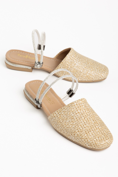 Dubais Shoes Kare Önü Kapalı Kadın Taşlı Günlük Hasır Sandalet & Terlik