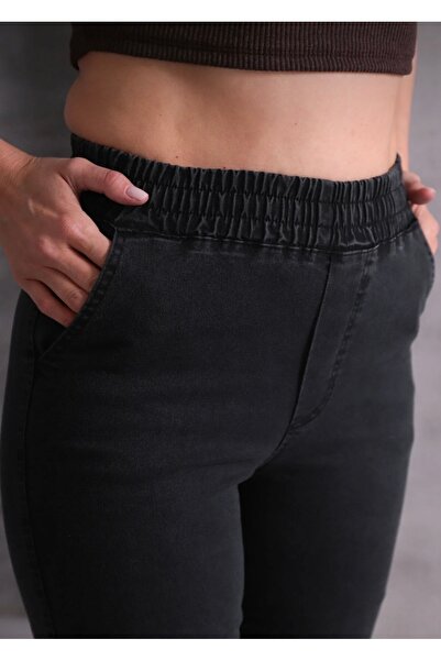 ModamarkReal Beli lastikli yüksek bel boru paça likralı büyük / küçük beden pantolon jean Füme