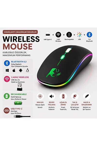 Tastech JNG-5012M Kablosuz Şarjlı Mouse Çift Modlu Bluetooth ve 2.4 Ghz Usb W...