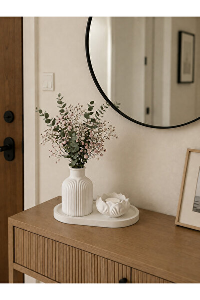 CALVEN&CO 3’lü Set Dekoratif Lotus mumluk+Çizgili Vazo+Sunumluk