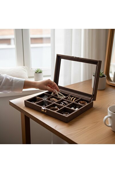 ROBERT TAYLOR Multi-Compartment Jewelry Organizer Box with Glass Lid - Alcant...