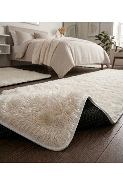 ALADAĞ HOME Yumuşak Peluş Halı Krem Renk Kaymaz Taban Şık Modern Yolluk