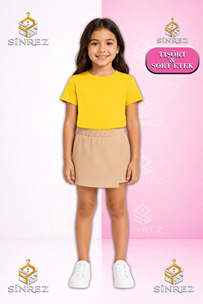 SİNREZ Set pentru fete SADE Tricou cu mânecă scurtă, pantaloni scurți și fustă