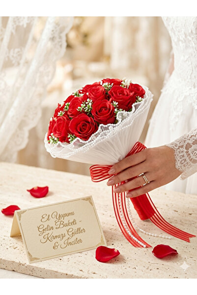Acarflowers KIRMIZI GÜLLÜ CİPSOLU TÜLLÜ GELİN BUKETİ