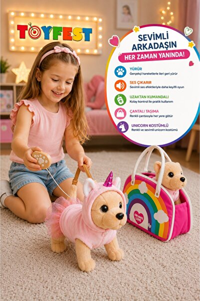 TOYFEST Uzaktan Kumandalı Çantalı Yürüyen Sesli Peluş Köpek Unicorn Kostümlü ...
