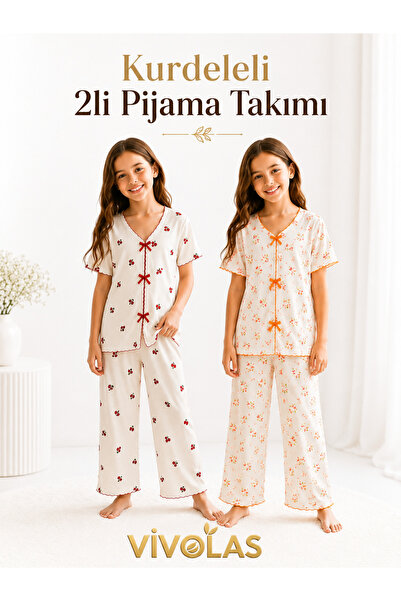 Vivolas Kız Çocuk Kurdeleli 2’li Pijama Takımı Fitilli Yumuşak Yazlık Rahat K...