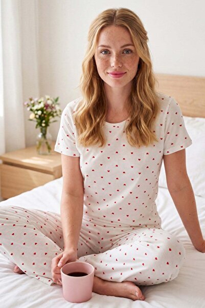 Niket Life Women's Tiny Pink Heart Patterned Crew Neck Short Sleeve Long Comb...