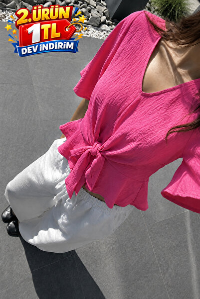 DAMGA JEANS Women's Summer V-Neck Wide Sleeve Pink Stylish Blouse