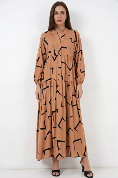 buğrahayalin Women's High Collar Waist Gathered Patterned Viscose A. Mink Hij...
