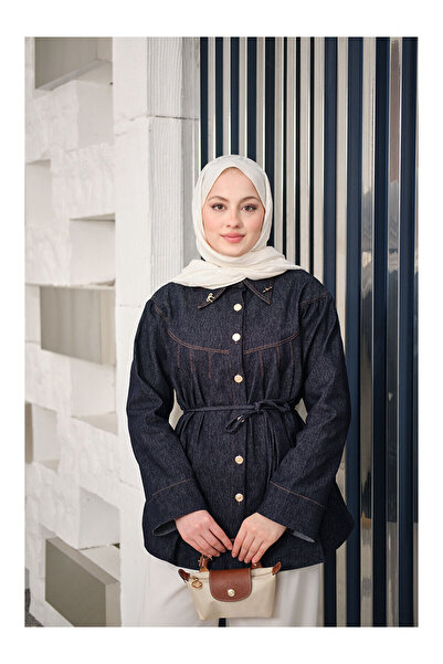 LC Waikiki Nevavm Women's Front Pleated Gold Button Detail Shirt Navy Blue
