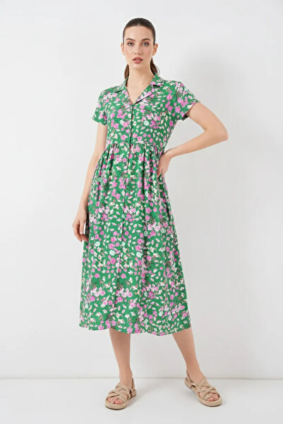 Efnaz style Women's Shirt Collar Waist Gathered Short Sleeve Buttoned Floral ...