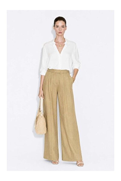 LC Waikiki Nevavm Linen Textured Hidden Button Wide Leg Beige Trousers