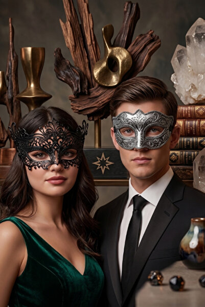 shop Siyah Renk Tasarım Dantel Parti Maske Ve Masguarde Erkek İkili Set