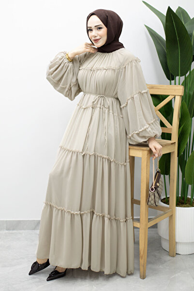 Tesettür Dünyası Tie Waist Ruffled Chiffon Dress Tsd260142 Mink