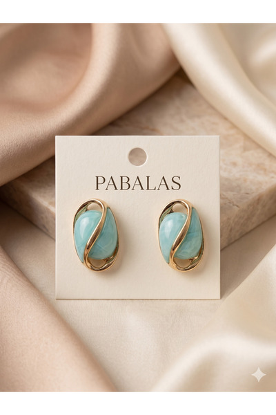 PABALAS أقراط نسائية ذهبية اللون مرصعة بالأحجار الزرقاء - موديل أقراط عصرية ب...