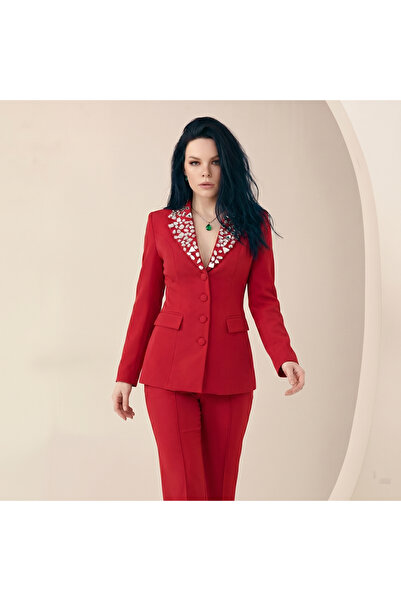 Yaka İri Kristal Taş İşlemeli Tailored Kırmızı Blazer Ceket Ve Pantolon Takımı Vermilion