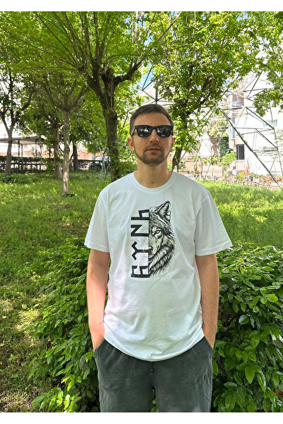 AYDESİGN Tricou alb unisex cu gât rotund, cu imprimeu turcesc Bozkurt Göktürç...